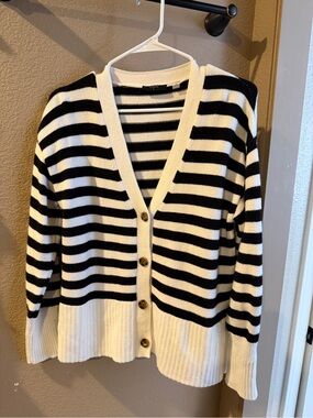 Tahari Black and White Striped V-Neck Button Cardigan